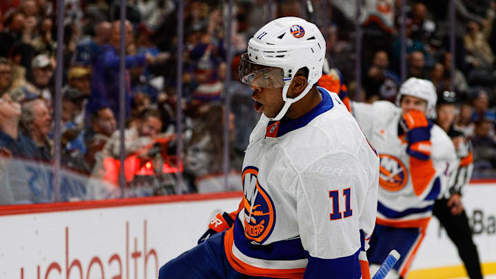 Oct 14, 2024; Denver, Colorado, USA; New York Islanders left wing Anthony Duclair (11) celebrates after his goal in the third period against the Colorado Avalanche at Ball Arena. Mandatory Credit: Isaiah J. Downing-Imagn Images
