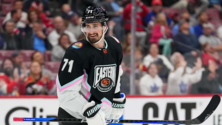 Atlantic Division forward Dylan Larkin (71) of the Detroit Red Wings celebrates during the 2022-23 NHL All-Star Game.