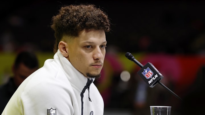 Kansas City Chiefs quarterback Patrick Mahomes talks to the media during Super Bowl LIX Opening Night.