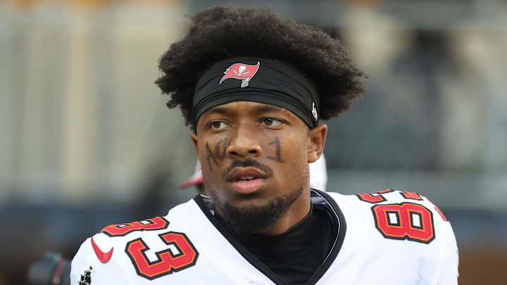 Aug 16, 2025; Pittsburgh, Pennsylvania, USA;  Tampa Bay Buccaneers wide receiver Tez Johnson (83) warms up before the game against the Pittsburgh Steelers at Acrisure Stadium. 