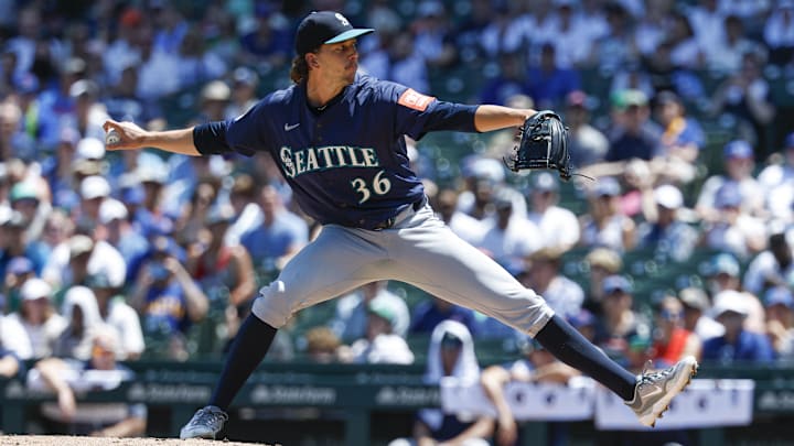 Seattle Mariners pitcher Logan Gilbert throws during a game against the Chicago Cubs on June 22 at Wrigley Field. Seattle Mariners pitcher Logan Gilbert throws during a game against the Chicago Cubs on June 22 at Wrigley Field.