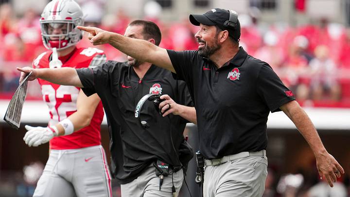 Ohio State Buckeyes head coach Ryan Day motions during the NCAA football game against the Kent State Golden Flashes at Ohio Stadium in Columbus on Sept. 19, 2026. Ohio State won 59-3.