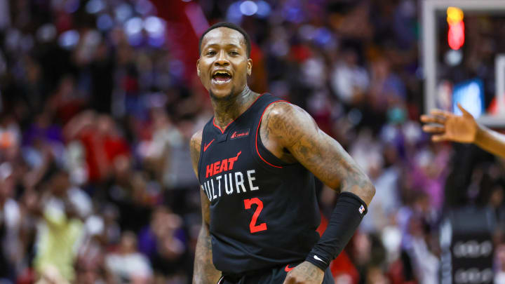 Apr 2, 2024; Miami, Florida, USA; Miami Heat guard Terry Rozier (2)