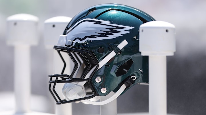 Aug 16, 2025; Philadelphia, Pennsylvania, USA; Philadelphia Eagles helmet on the bench during a game against the Cleveland Browns at Lincoln Financial Field. Mandatory Credit: Bill Streicher-Imagn Images