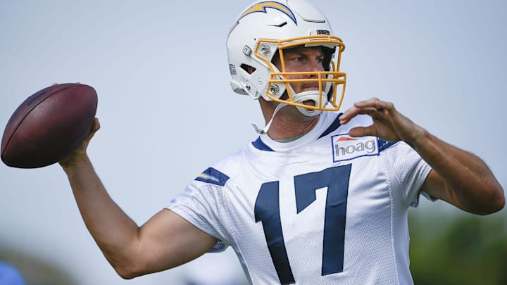 Jul 25, 2019; Costa Mesa, CA, USA; Los Angeles Chargers quarterback Phillip Rivers (17) throws during training camp at Jack Hammett Sports Complex. Mandatory Credit: Kelvin Kuo-Imagn Images