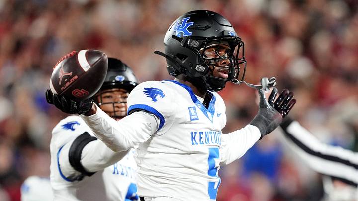 Kentucky's Jordan Castell (5) celebrates an interception after OU attempted a fake field goal in the first half of the college football game between the University of Oklahoma Sooners (OU) and the Kentucky Wildcats at Gaylord Family — Oklahoma Memorial Stadium in Norman, Okla.,  Saturday, Oct., 17, 2026.