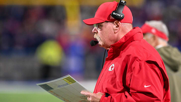 Nov 2, 2025; Orchard Park, New York, USA; Kansas City Chiefs head coach Andy Reid looks on in the second quarter against the Buffalo Bills at Highmark Stadium. Mandatory Credit: Mark Konezny-Imagn Images