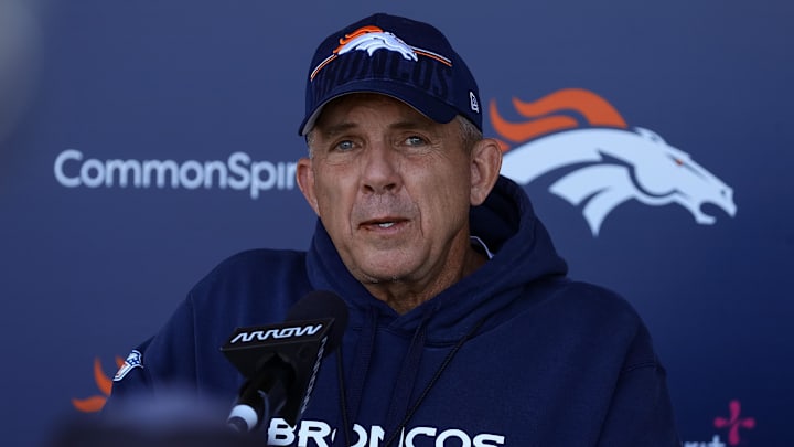 May 23, 2024; Englewood, CO, USA; Denver Broncos head coach Sean Payton addresses the media after organized team activities at Centura Health Training Center. Mandatory Credit: Isaiah J. Downing-USA TODAY Sports