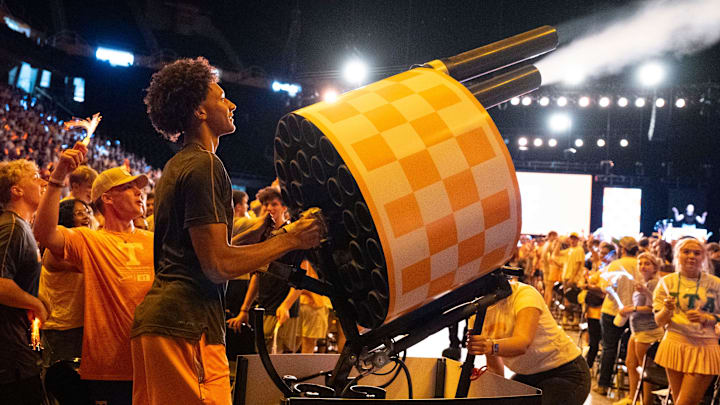 University of Tennessee basketball freshman Nate Ament fires t-shirts into the crowd during Torch Night at the Food City Center on August 17, 2025, in Knoxville, Tennessee. This year marks the 100th anniversary of Torch Night, an evening of celebration for new incoming students to UTK. University of Tennessee basketball freshman Nate Ament fires t-shirts into the crowd during Torch Night at the Food City Center on August 17, 2025, in Knoxville, Tennessee. This year marks the 100th anniversary of Torch Night, an evening of celebration for new incoming students to UTK.