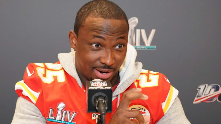 Jan 29, 2020; Miami, Florida, USA;  Kansas City Chiefs running back LeSean McCoy speaks during a press conference for Super Bowl LIV at JW Marriott Turnberry. Mandatory Credit: Kirby Lee-USA TODAY Sports