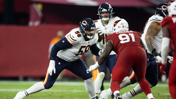 Nov 3, 2024; Glendale, Arizona, USA; Chicago Bears offensive tackle Darnell Wright (58) against the Arizona Cardinals at State Farm Stadium.