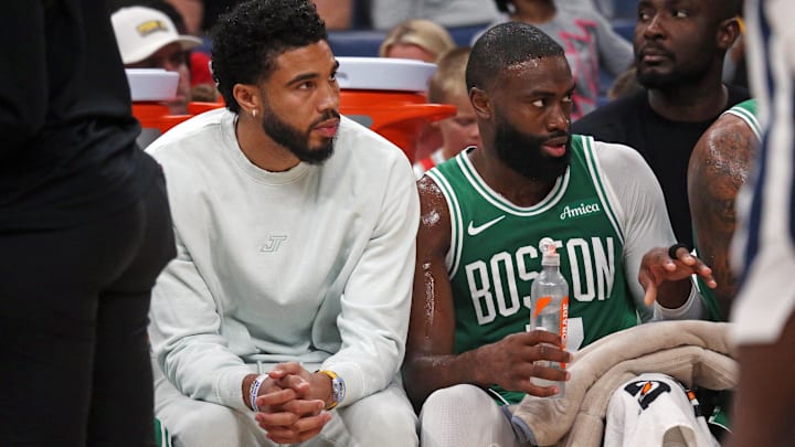 Oct 8, 2025; Memphis, Tennessee, USA; Boston Celtics forward Jayson Tatum (0) and guard Jaylen Brown (7) look on from the bench during the second quarter against the Memphis Grizzlies at FedExForum. Mandatory Credit: Petre Thomas-Imagn Images Oct 8, 2025; Memphis, Tennessee, USA; Boston Celtics forward Jayson Tatum (0) and guard Jaylen Brown (7) look on from the bench during the second quarter against the Memphis Grizzlies at FedExForum. Mandatory Credit: Petre Thomas-Imagn Images