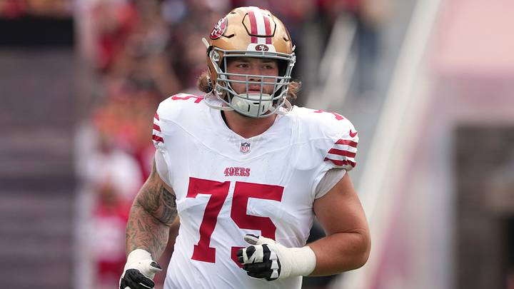 Sep 28, 2025; Santa Clara, California, USA; San Francisco 49ers guard Connor Colby (75) before the game against the Jacksonville Jaguars at Levi's Stadium. Mandatory Credit: Darren Yamashita-Imagn Images Sep 28, 2025; Santa Clara, California, USA; San Francisco 49ers guard Connor Colby (75) before the game against the Jacksonville Jaguars at Levi's Stadium. Mandatory Credit: Darren Yamashita-Imagn Images