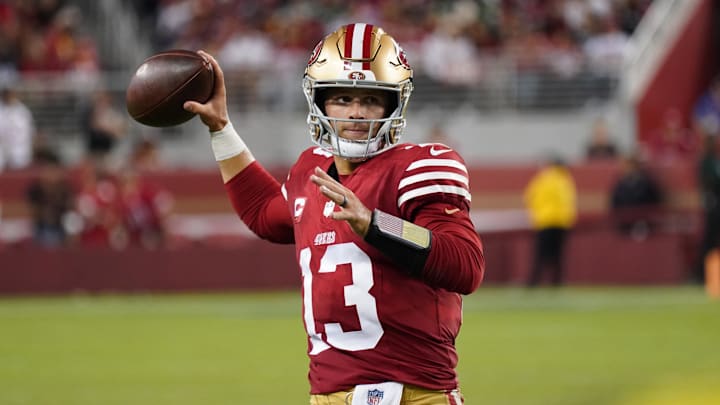 Sep 9, 2024; Santa Clara, California, USA; San Francisco 49ers quarterback Brock Purdy (13) warms up in the fourth quarter against the New York Jets at Levi's Stadium. Mandatory Credit: David Gonzales-Imagn Images