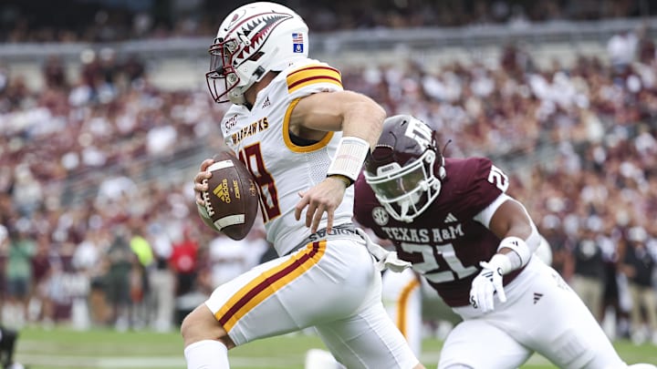 Sep 16, 2023; College Station, Texas, USA; Louisiana Monroe Warhawks quarterback Jiya Wright (18)