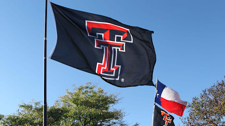 Oct 22, 2016; Lubbock, TX, USA;  Texas Tech Red Raiders flags fly outside Jones AT&T Stadium before the game with the Oklahoma Sooners. Mandatory Credit: Michael C. Johnson-USA TODAY Sports