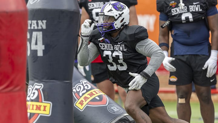 Jan 30, 2025; Mobile, AL, USA; National team defensive lineman David Walker of Central Arkansas (33) works through drills during Senior Bowl practice for the National team at Hancock Whitney Stadium. Mandatory Credit: Vasha Hunt-Imagn Images