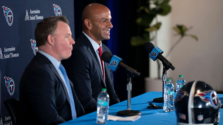 Tennessee Titans general manager Mike Borgonzi, left, and new head coach Robert Saleh field questions by the media at the new head coach’s introductory press conference at Ascension Saint Thomas Sports Park in Nashville, Tenn., Thursday, Jan. 29, 2026.