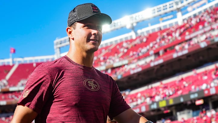 Sep 21, 2025; Santa Clara, California, USA; San Francisco 49ers quarterback Brock Purdy (13) leaves the field following the game against the Arizona Cardinals at Levi's Stadium. Mandatory Credit: Cary Edmondson-Imagn Images