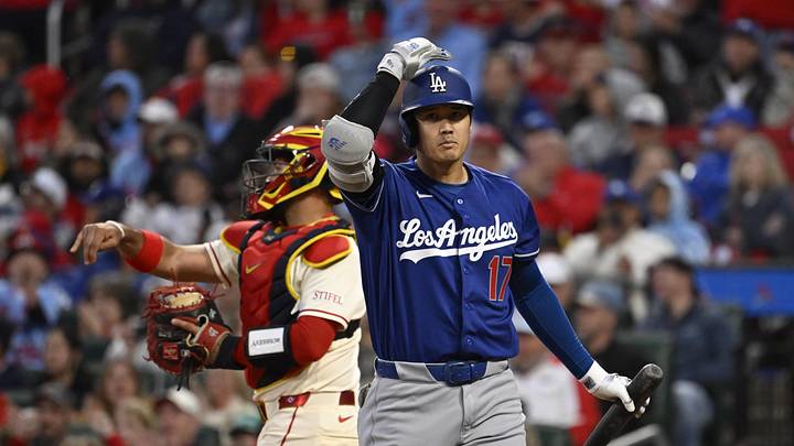 May 2, 2026; St. Louis, Missouri, USA; Los Angeles Dodgers designated hitter Shohei Ohtani (17) looks on after striking out against the St. Louis Cardinals in the sixth inning at Busch Stadium. Mandatory Credit: Joe Puetz-Imagn Images