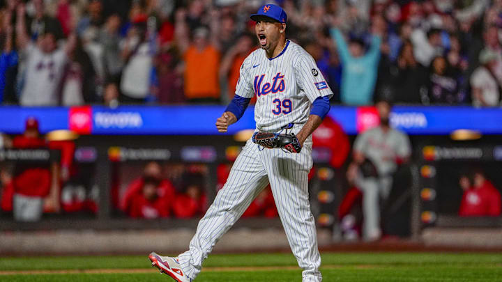Sep 22, 2024; New York City, New York, USA;  New York Mets pitcher Edwin Diaz (39) reacts to getting the final out of the game against the Philadelphia Phillies at Citi Field. Mandatory Credit: Gregory Fisher-Imagn Images