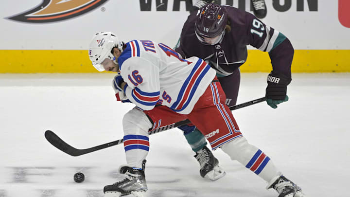 Jan 21, 2024; Anaheim, California, USA; New York Rangers center Vincent Trocheck (16) and Anaheim