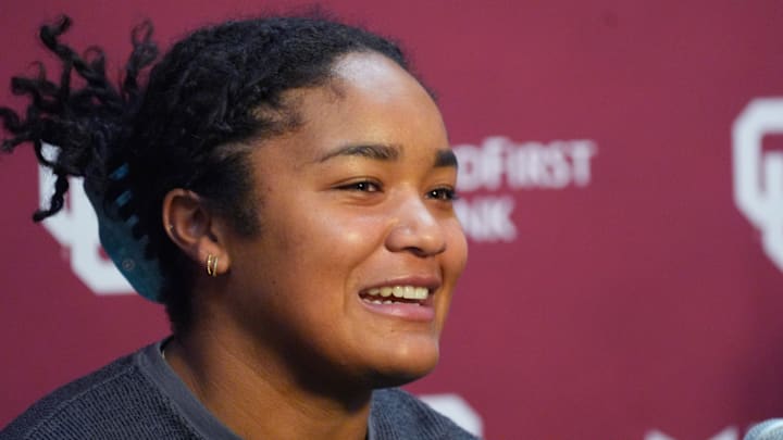 Oklahoma softball player Ella Parker speaks to the media at Lloyd Noble Center in Norman, Okla., Saturday Jan. 31, 2026.