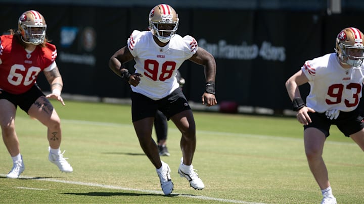 May 9, 2025; Santa Clara, CA, USA; San Francisco 49ers defensive lineman Mikel Williams (98) works out during the teamís rookie minicamp. Mandatory Credit: D. Ross Cameron-Imagn Images