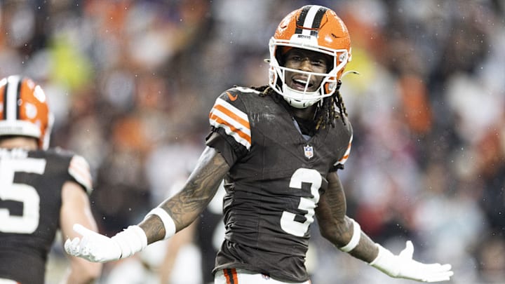 Dec 29, 2024; Cleveland, Ohio, USA; Cleveland Browns wide receiver Jerry Jeudy (3) argues for a penalty flag against the Miami Dolphins during the fourth quarter at Huntington Bank Field. Mandatory Credit: Scott Galvin-Imagn Images