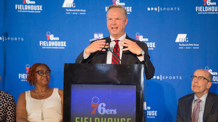 Philadelphia 76ers President of Business Operation Chris Heck speaks during the groundbreaking celebration for the 76ers Fieldhouse Wednesday near the Riverfront. The sports complex will be the new home for the 76ers NBA G League team the Delaware Blue Coats. 

News 76ers Fieldhouse