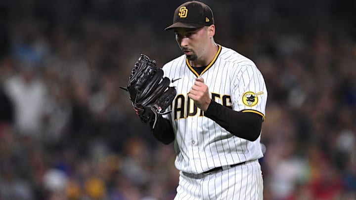 Jul 8, 2023; San Diego, California, USA; San Diego Padres starting pitcher Blake Snell (4) reacts