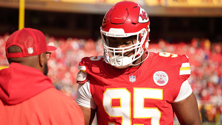 Nov 23, 2025; Kansas City, Missouri, USA; Kansas City Chiefs defensive tackle Chris Jones (95) before the game against the Indianapolis Colts at GEHA Field at Arrowhead Stadium. Mandatory Credit: Denny Medley-Imagn Images