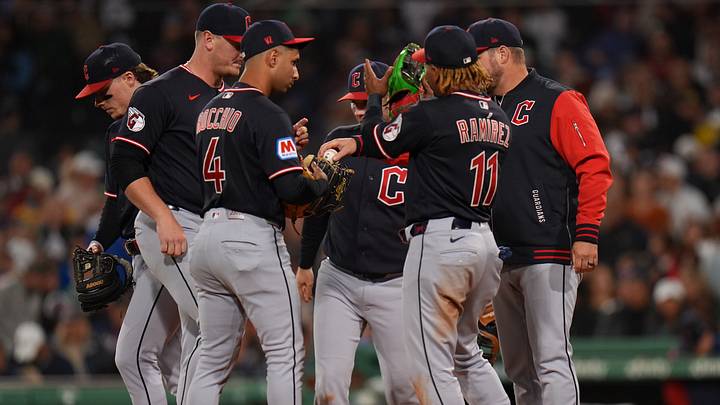 Sep 22, 2026: Cleveland Guardians manager Stephen Vogt (12) hand the ball off to pitcher Craig Yoho (23) as they take on the Boston Red Sox in the sixth inning at Fenway Park. Credit: David Butler II-Imagn Images Sep 22, 2026: Cleveland Guardians manager Stephen Vogt (12) hand the ball off to pitcher Craig Yoho (23) as they take on the Boston Red Sox in the sixth inning at Fenway Park. Credit: David Butler II-Imagn Images