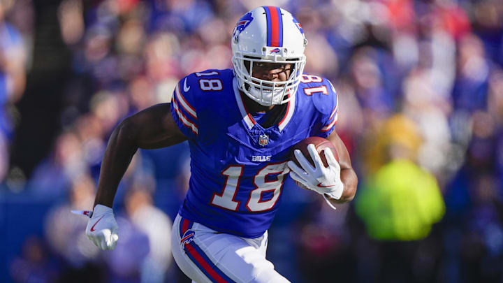 Oct 20, 2024; Orchard Park, New York, USA; Buffalo Bills wide receiver Amari Cooper (18) runs with the ball after making a catch against the Tennessee Titans during the second half at Highmark Stadium. Mandatory Credit: Gregory Fisher-Imagn Images