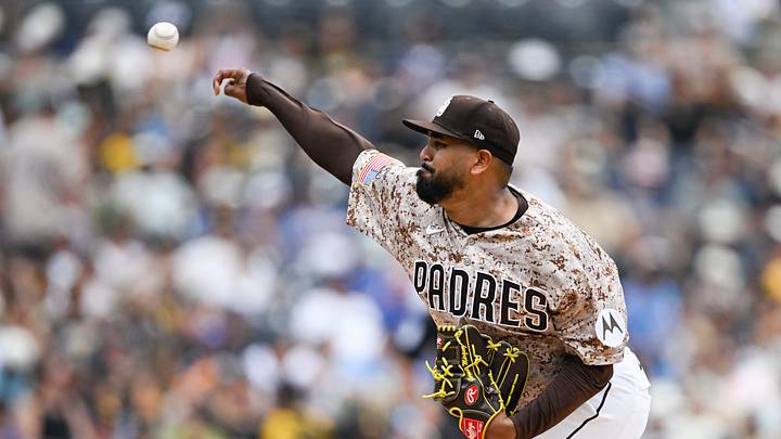 Jul 12, 2026; San Diego, California, USA; San Diego Padres pitcher Germán Márquez (33) delivers during the first inning against the Toronto Blue Jays at Petco Park. Mandatory Credit: Denis Poroy-Imagn Images