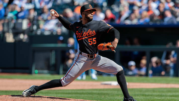 Apr 21, 2024; Kansas City, Missouri, USA; Baltimore Orioles pitcher Dillon Tate (55) pitching during