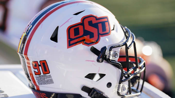 Nov 5, 2022; Lawrence, Kansas, USA; A general view of a Oklahoma State Cowboys helmet against the Kansas Jayhawks during the second half of the game at David Booth Kansas Memorial Stadium. Mandatory Credit: Denny Medley-Imagn Images