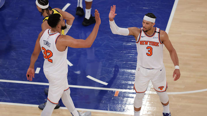 May 29, 2025; New York, New York, USA; New York Knicks center Karl-Anthony Towns (32) and guard Josh Hart (3) react in the fourth quarter against the Indiana Pacers during game five of the eastern conference finals for the 2025 NBA Playoffs at Madison Square Garden. Mandatory Credit: Brad Penner-Imagn Images May 29, 2025; New York, New York, USA; New York Knicks center Karl-Anthony Towns (32) and guard Josh Hart (3) react in the fourth quarter against the Indiana Pacers during game five of the eastern conference finals for the 2025 NBA Playoffs at Madison Square Garden. Mandatory Credit: Brad Penner-Imagn Images