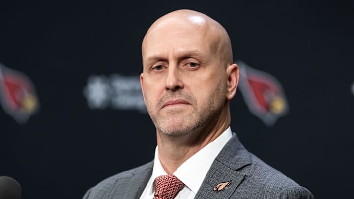 Feb 3, 2026; Tempe, AZ, USA; Arizona Cardinals general manager Monti Ossenfort at a press conference at the Cardinals training facility. Mandatory Credit: Mark J. Rebilas-Imagn Images