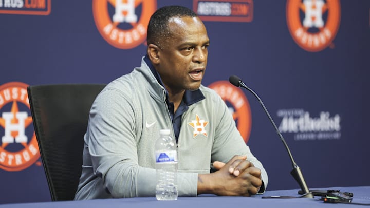 Aug 1, 2023; Houston, Texas, USA; Houston Astros general manager Dana Brown speaks with media before the game against the Cleveland Guardians at Minute Maid Park. Mandatory Credit: Troy Taormina-Imagn Images