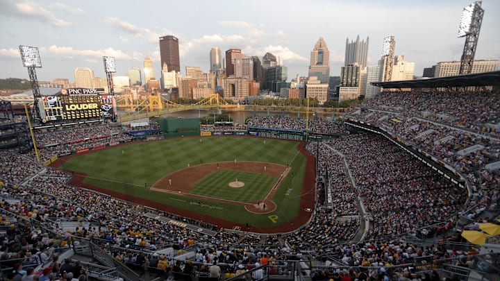 Jul 20, 2024; Pittsburgh, Pennsylvania, USA;  A sellout crowd watches as the Pittsburgh Pirates host the Philadelphia Phillies during the sixth inning at PNC Park. Mandatory Credit: Charles LeClaire-Imagn Images