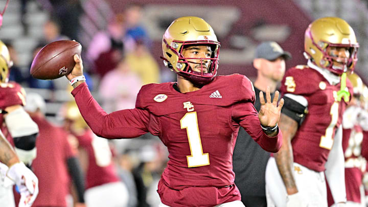 Oct 25, 2024; Chestnut Hill, Massachusetts, USA; Boston College Eagles quarterback Thomas Castellanos (1) warms up before a game against the Louisville Cardinals at Alumni Stadium. Mandatory Credit: Eric Canha-Imagn Images Oct 25, 2024; Chestnut Hill, Massachusetts, USA; Boston College Eagles quarterback Thomas Castellanos (1) warms up before a game against the Louisville Cardinals at Alumni Stadium. Mandatory Credit: Eric Canha-Imagn Images