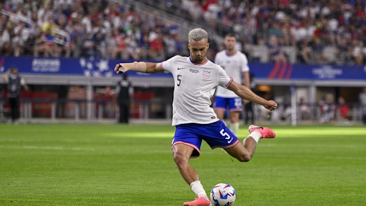 Jun 23, 2024; Arlington, TX, USA; United States defender Antonee Robinson (5) in action during the game between the United States and Bolivia in a 2024 Copa America match at AT&T Stadium. Mandatory Credit: Jerome Miron-Imagn Images