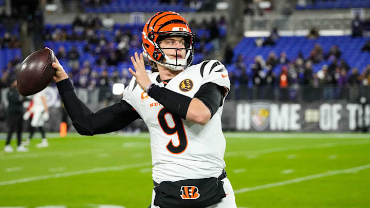 Bengals Joe Burrow (9) warms up before their game against the Ravens on Thanksgiving November 27, 2025 at M&T Stadium.