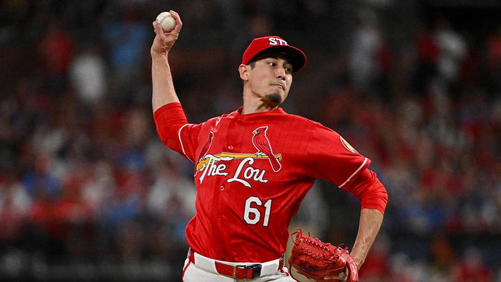 May 29, 2026; St. Louis, Missouri, USA; St. Louis Cardinals pitcher Riley O'Brien (61) pitches against the Chicago Cubs during the ninth inning at Busch Stadium. Mandatory Credit: Jeff Curry-Imagn Images