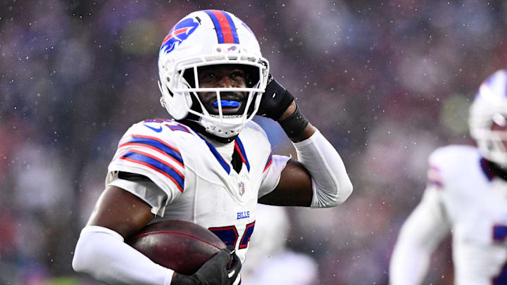 Dec 14, 2025; Foxborough, Massachusetts, USA; Buffalo Bills cornerback Tre'Davious White (27) reacts after intercepting a pass against the New England Patriots during the second half at Gillette Stadium