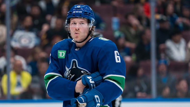 Mar 18, 2025; Vancouver, British Columbia, CAN; Vancouver Canucks forward Brock Boeser (6) during a stop in play against the Winnipeg Jets in the third period at Rogers Arena. Mandatory Credit: Bob Frid-Imagn Images