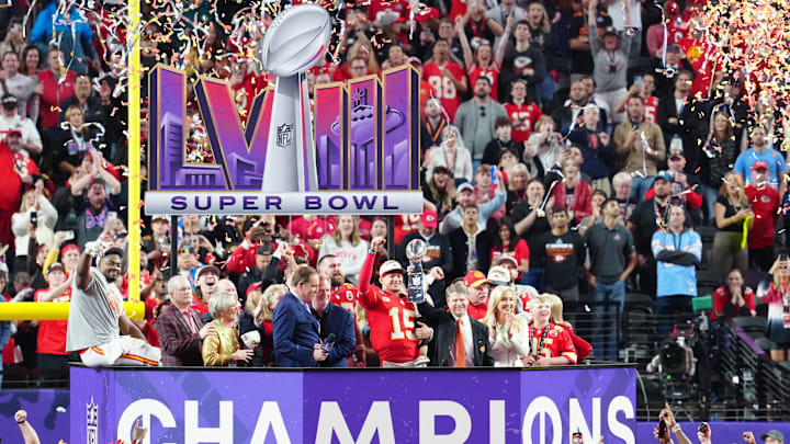 Feb 11, 2024; Paradise, Nevada, USA;  Kansas City Chiefs quarterback Patrick Mahomes (15) and chief
