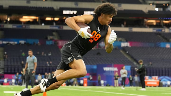Feb 28, 2026; Indianapolis, IN, USA; Washington wideout Denzel Boston (WO08) during the NFL Scouting Combine at Lucas Oil Stadium. Mandatory Credit: Kirby Lee-Imagn Images