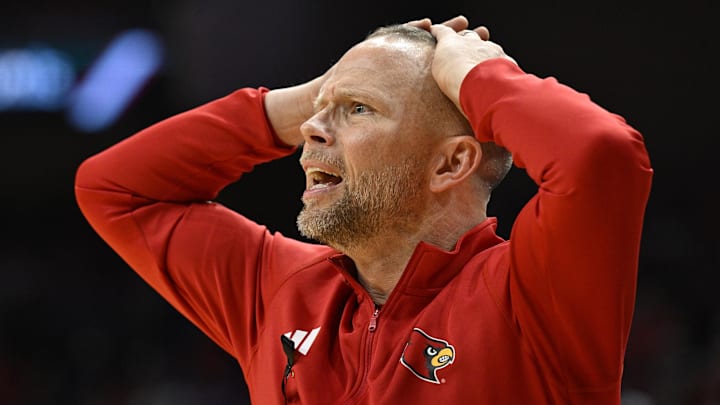 Nov 11, 2025; Louisville, Kentucky, USA;  Louisville Cardinals head coach Pat Kelsey reacts during the second half against the Kentucky Wildcats at KFC Yum! Center. Louisville defeated Kentucky 96-88. Mandatory Credit: Jamie Rhodes-Imagn Images